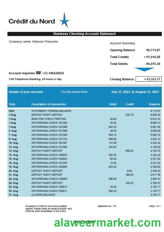 Credit du Nord enterprise account statement Word and PDF template